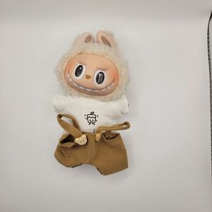 Labubu Clothing Smiling Boba Tea T-shirt with Brown Overall Pants.